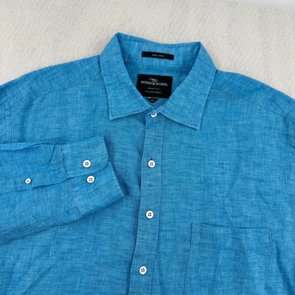 Rodd & Gunn Mens XL 100% Linen Sports Fit Long Sleeve Button Down Blue Coastal